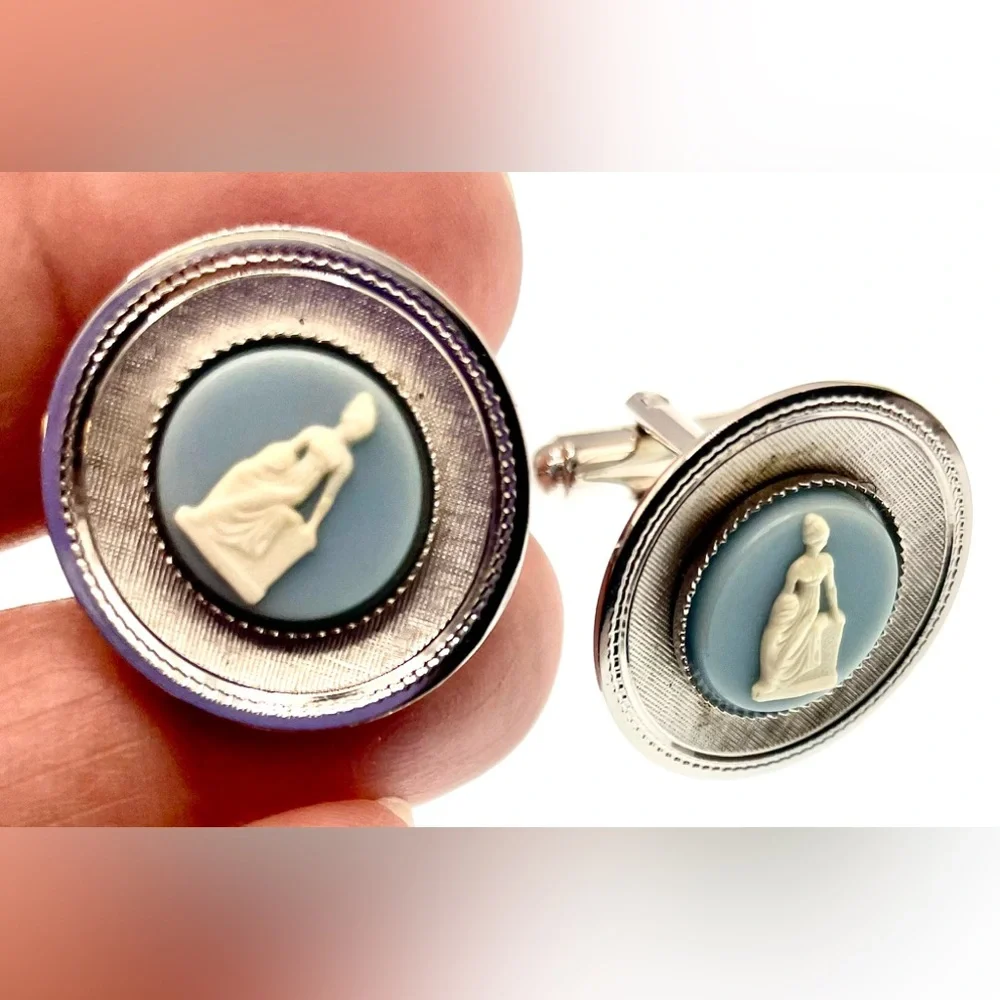 Vintage Silver Tone Textured Round Cufflinks Blue and White Faux Cameo Center